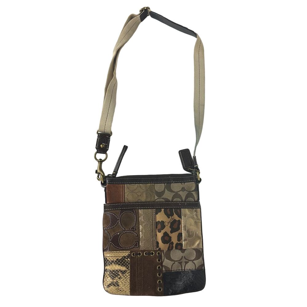 Coach Womens Patchwork Animal Print Messenger Brown Crossbody Shoulder Bag Purse